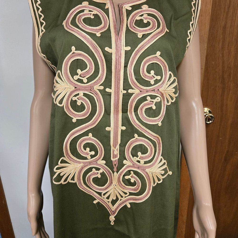 Embroidered Egyptian Olive Green Sleeveless Dress